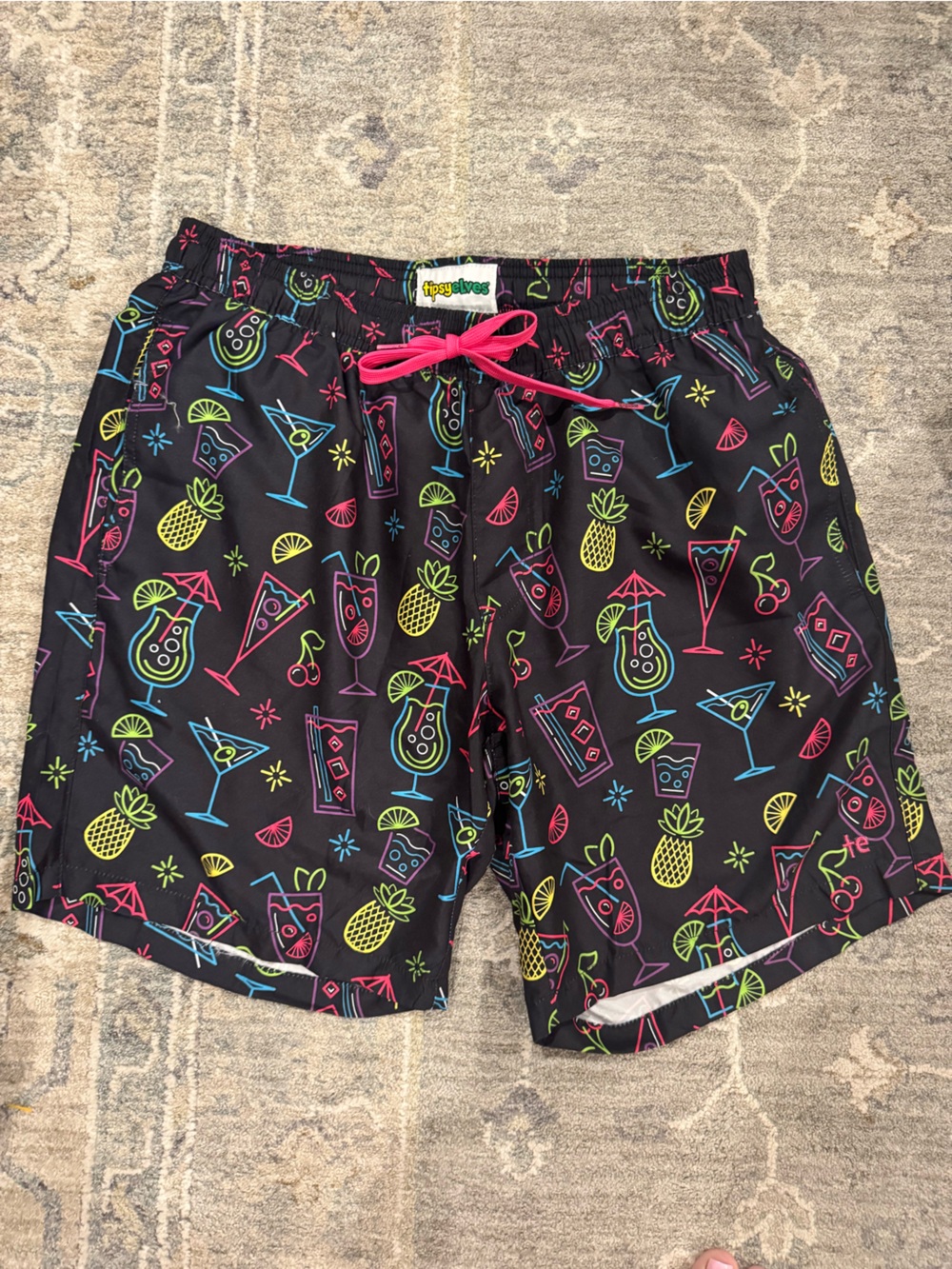Tipsy Elves Black Neon Cocktail Print Men’s Swim Trunks with Pink Drawstring